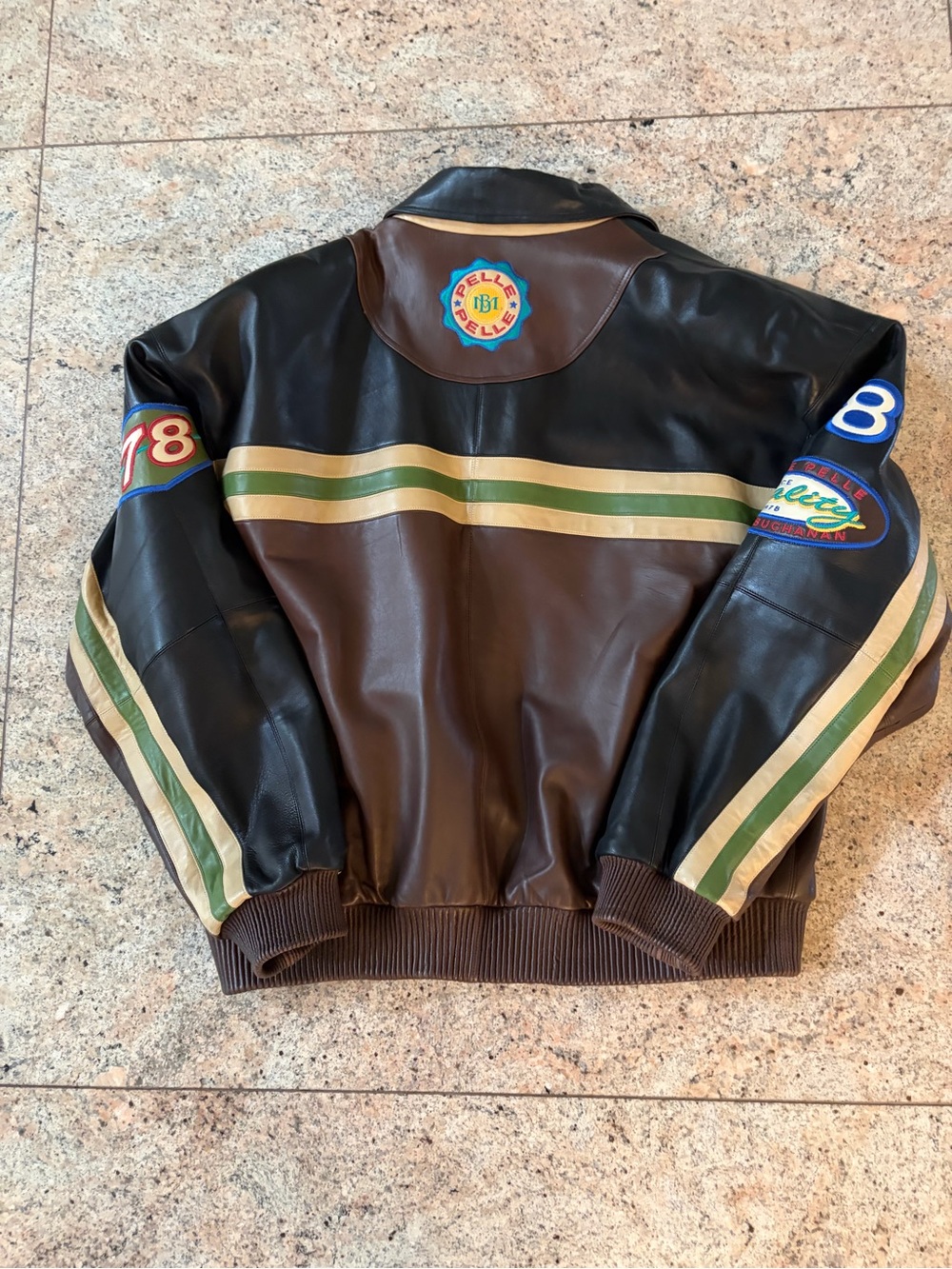 Pelle Pelle Brown & Black Leather Varsity Jacket with Green & Cream Stripes
